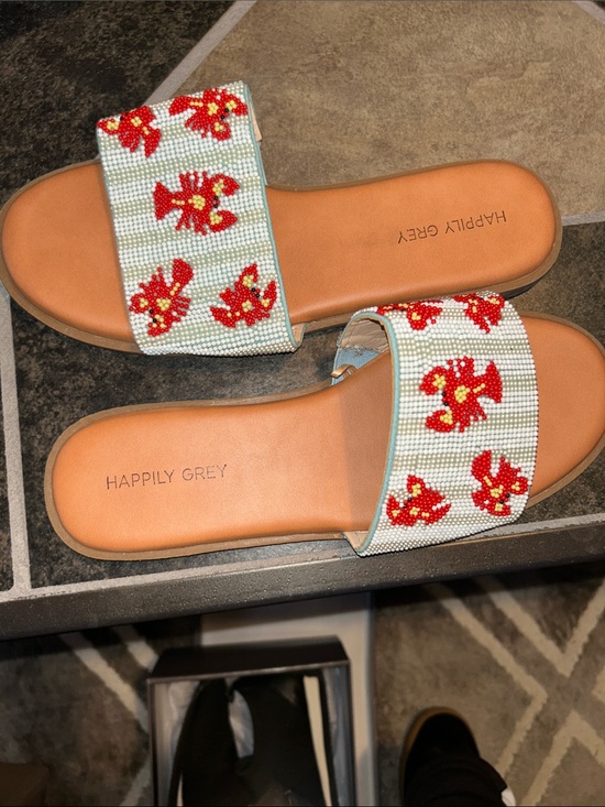 Shoes - Happily Grey Women's Red Beaded Slide Sandals